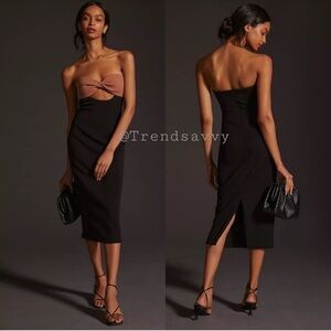 Anthropologie MISHA Strapless Twist Front Midi Dress Black Cocktail 12 NWT